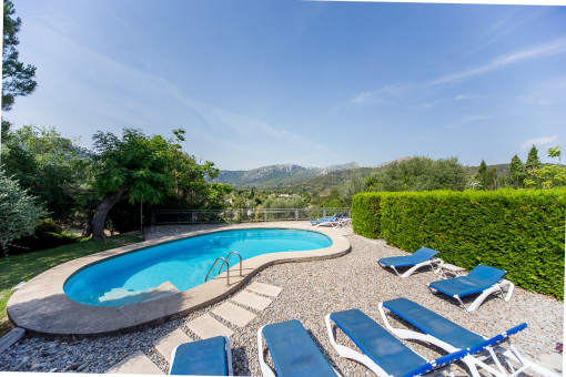 The pool is surrounded by a terrace with sunbeds