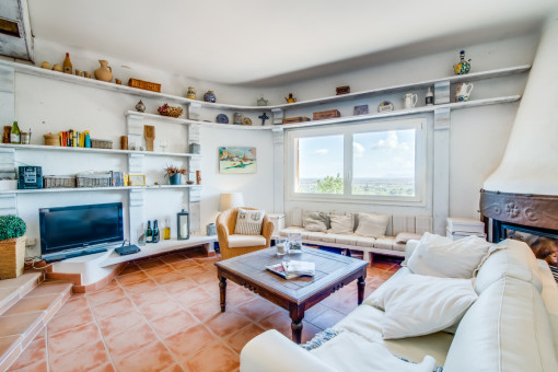 Bright living area with fireplace